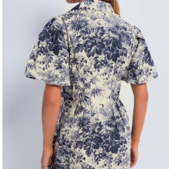 Tuckernuck Delaney Toile Print Dress Women XL Blue Cream Short Sleeve Pockets - Picture 2 of 13